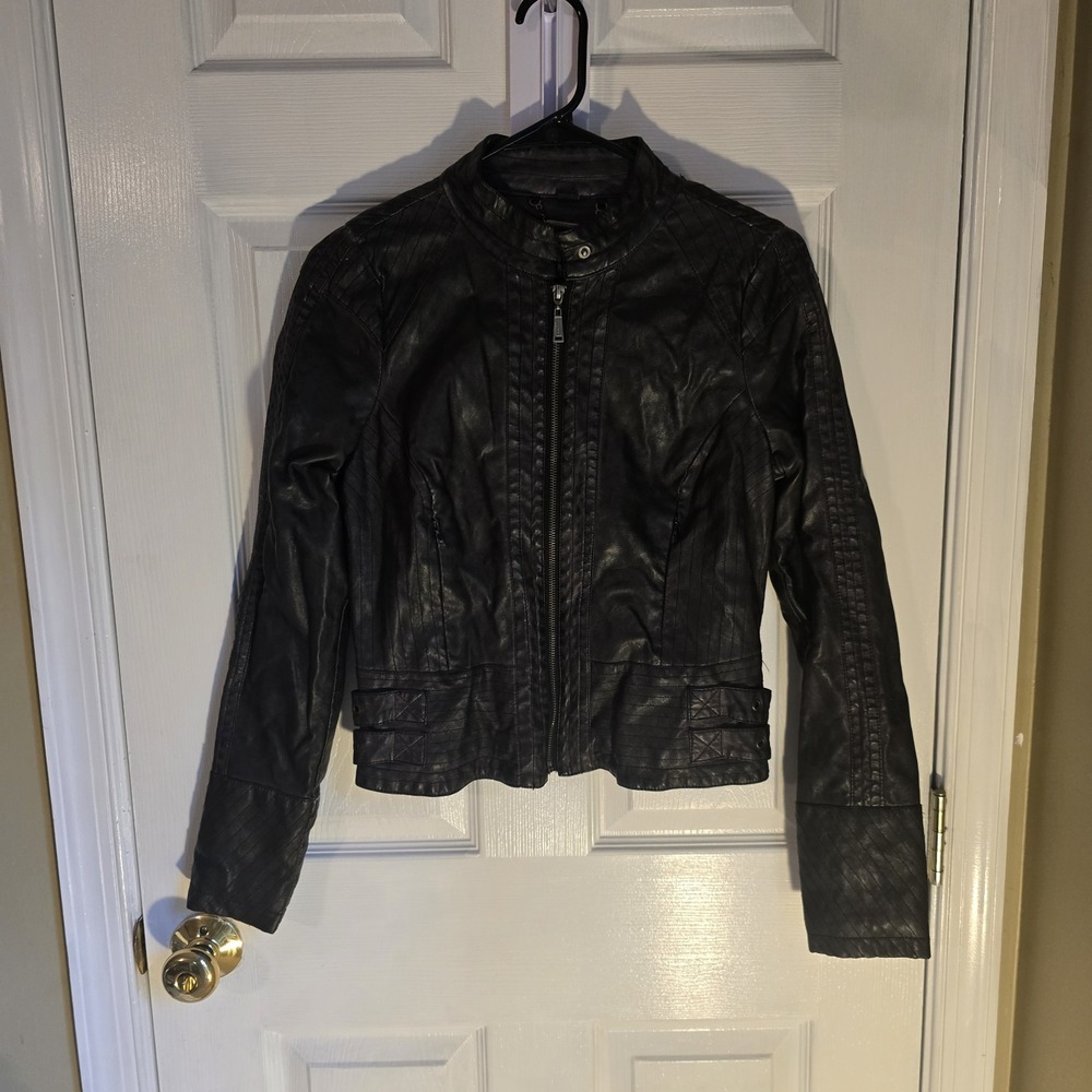 Jou Jou Womens Moto Jacket Black Faux Leather Zip Front Pockets Lined Size Med